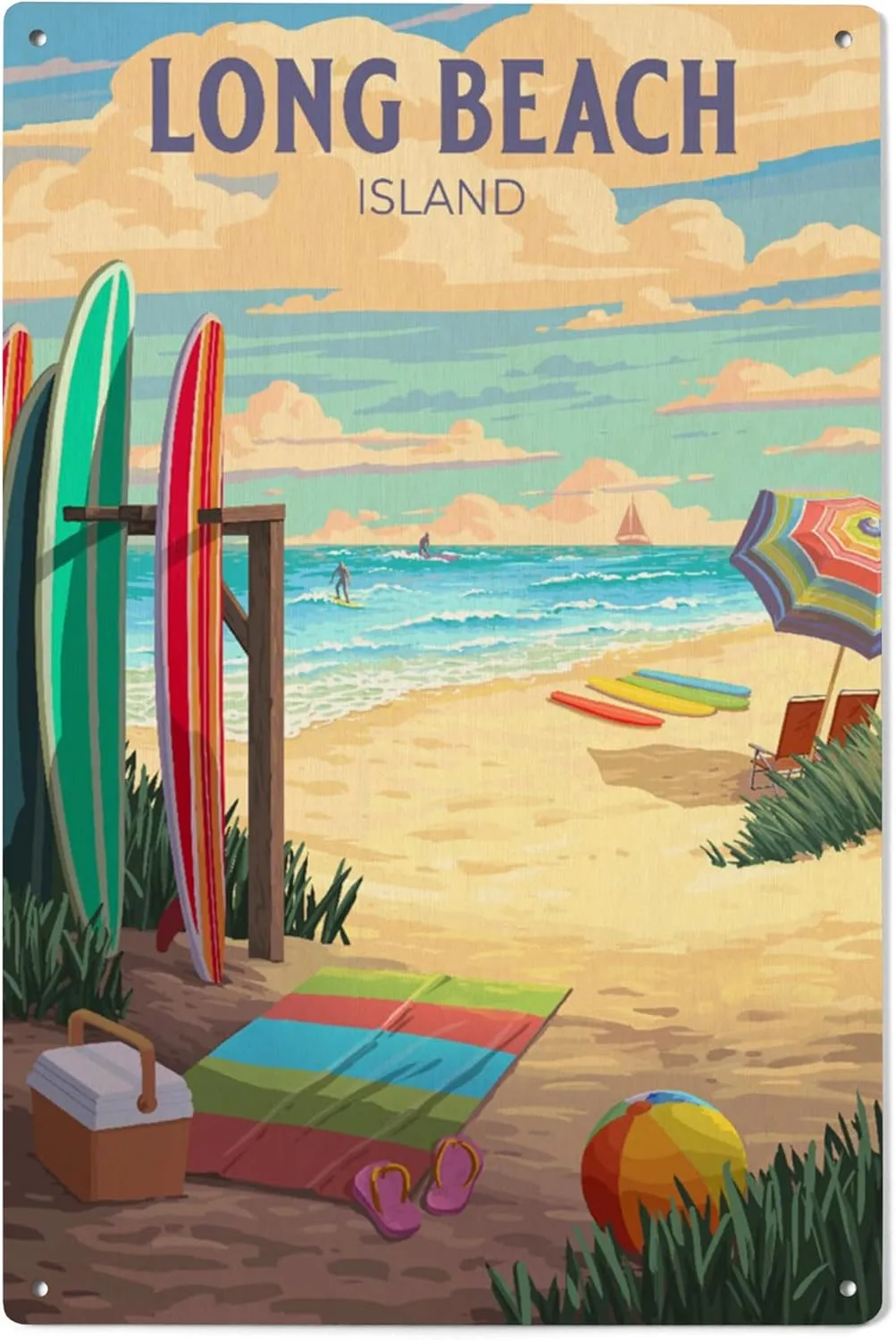 Lantern Press 6x9 Inch Wood Sign, Ready to Hang Wall Decor, Long Beach Island, New Jersey, Surfing Beach Activities