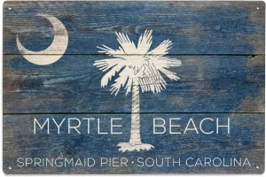Lantern Press 6x9 Inch Wood Sign, Ready to Hang Wall Decor, Myrtle Beach, South Carolina, Springmaid Pier, Rustic South Carolina State Flag