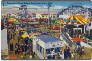 Lantern Press 6x9 Inch Wood Sign, Ready to Hang Wall Decor, San Diego, California, Mission Beach Amusement Center Scene, Vintage Halftone