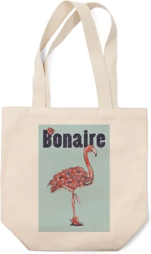 Lantern Press Bonaire, Dutch Caribbean, Flamingo, Flowers, ND at Top (100% Cotton Canvas Reusable Tote Bag)