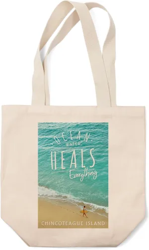 Lantern Press Chincoteague Island, Virginia, Surfer Walking on Beach, Ocean Water Heals (100% Cotton Canvas Reusable Tote Bag)