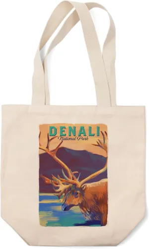 Lantern Press Denali National Park, Alaska, Vivid Watercolor, Caribou (100% Cotton Canvas Reusable Tote Bag)