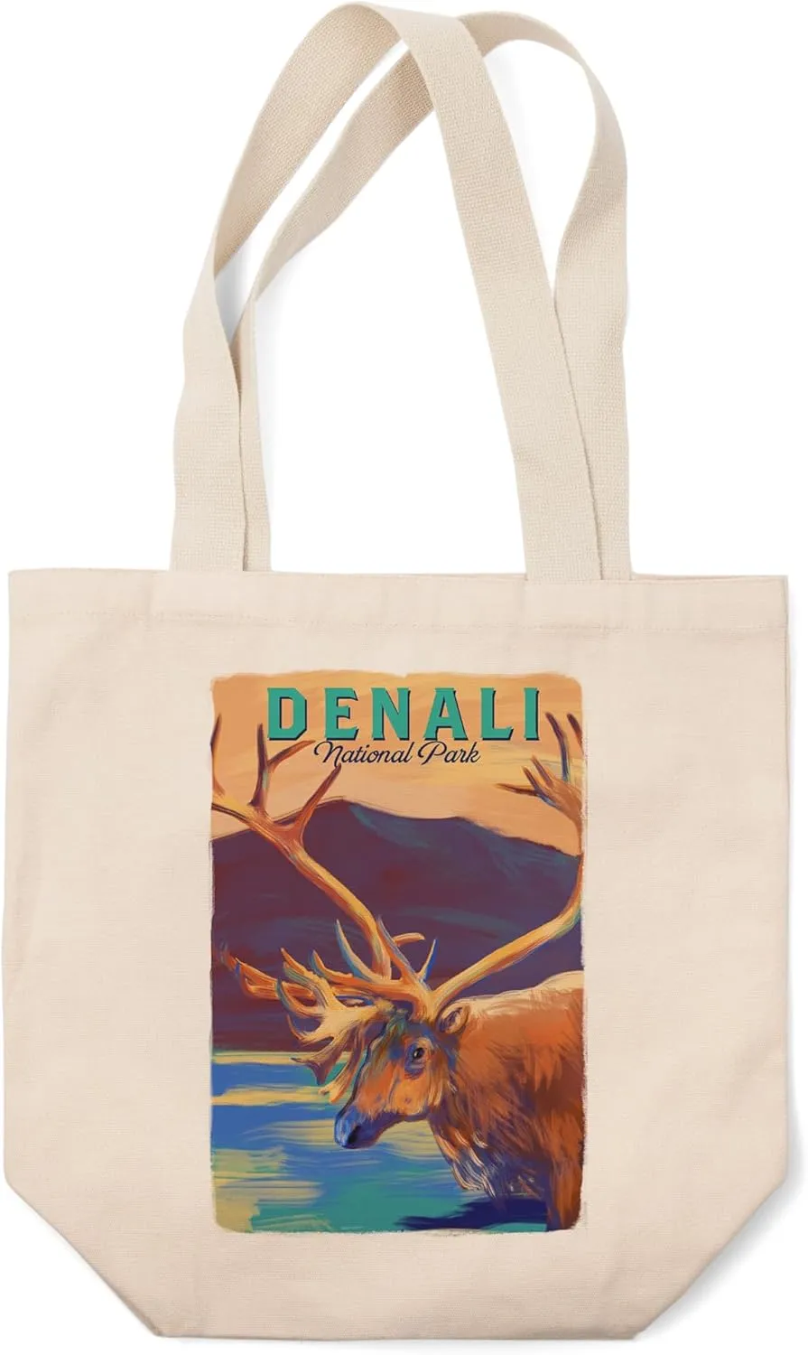 Lantern Press Denali National Park, Alaska, Vivid Watercolor, Caribou (100% Cotton Canvas Reusable Tote Bag)