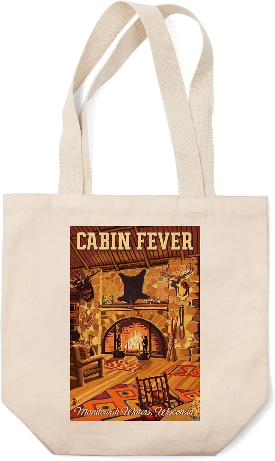 Lantern Press Manitowish Waters, Wisconsin, Bear Mountain Inn Lobby, Cabin Fever (100% Cotton Canvas Reusable Tote Bag)