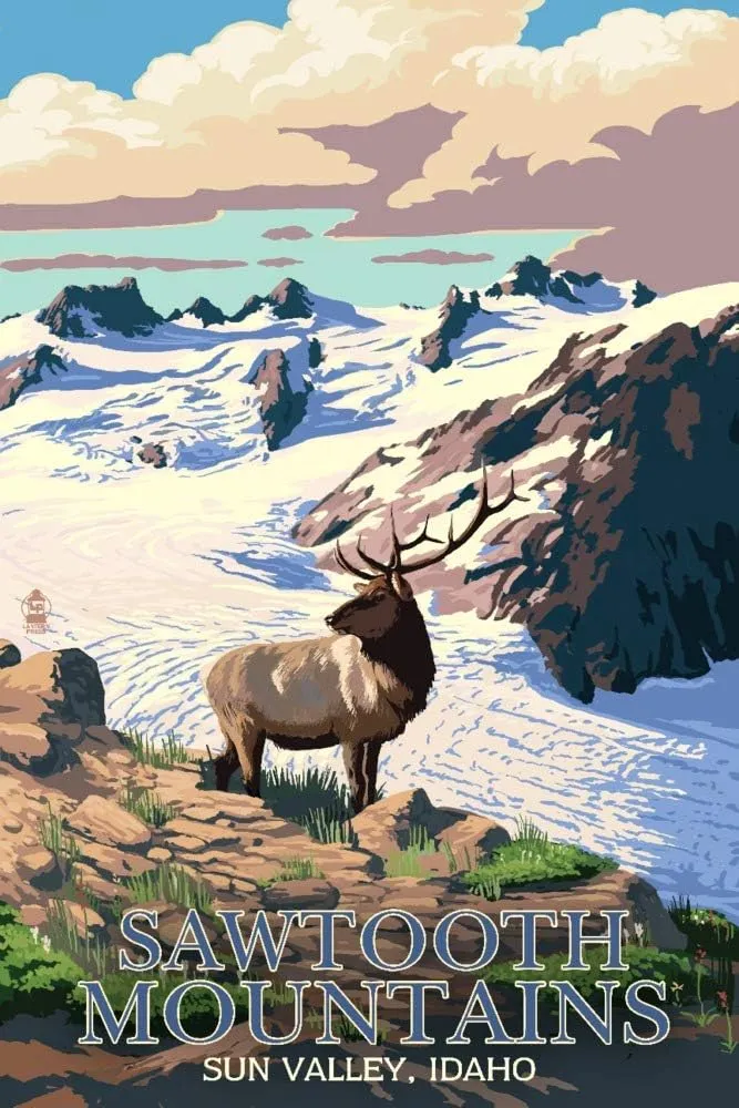 Lantern Press Sun Valley, Idaho, Sawtooth Mountain, Elk and Snowy Mountain, (24x36 Wrapped Canvas, Wall Decor, Artwork)