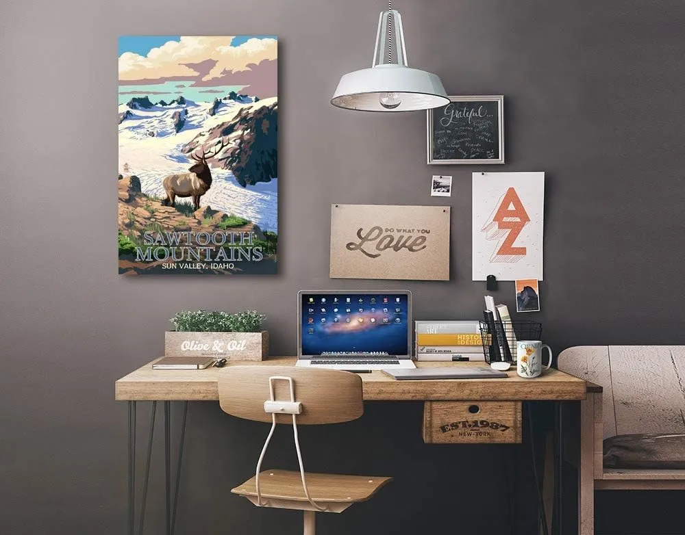 Lantern Press Sun Valley, Idaho, Sawtooth Mountain, Elk and Snowy Mountain, (24x36 Wrapped Canvas, Wall Decor, Artwork)
