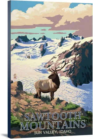 Lantern Press Sun Valley, Idaho, Sawtooth Mountain, Elk and Snowy Mountain, (24x36 Wrapped Canvas, Wall Decor, Artwork)