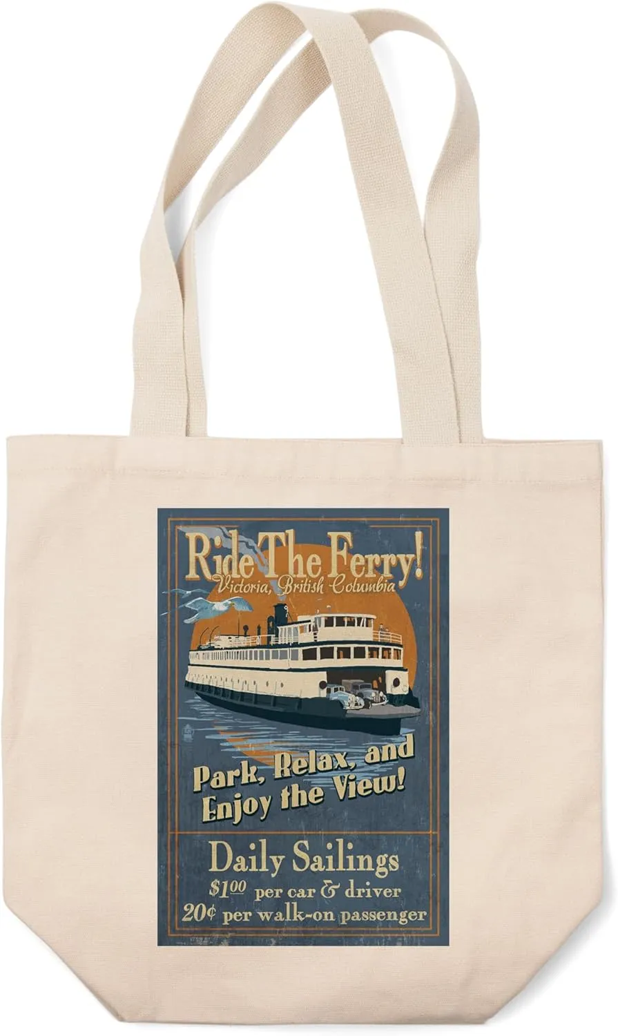 Lantern Press Victoria, British Columbia, Ride The Ferry, Vintage Sign (100% Cotton Canvas Reusable Tote Bag)