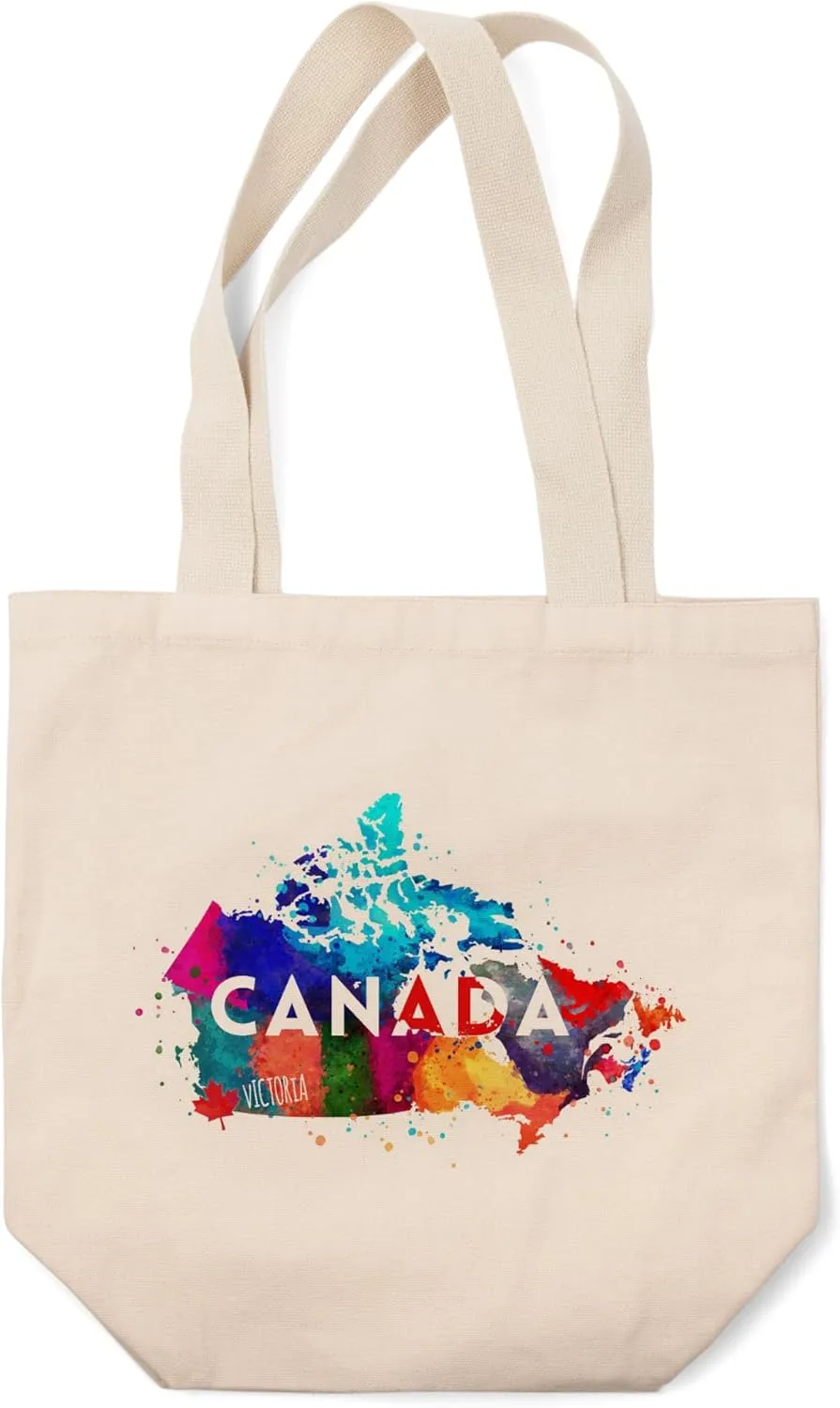 Lantern Press Victoria, Canada, Watercolor Provinces (100% Cotton Canvas Reusable Tote Bag)