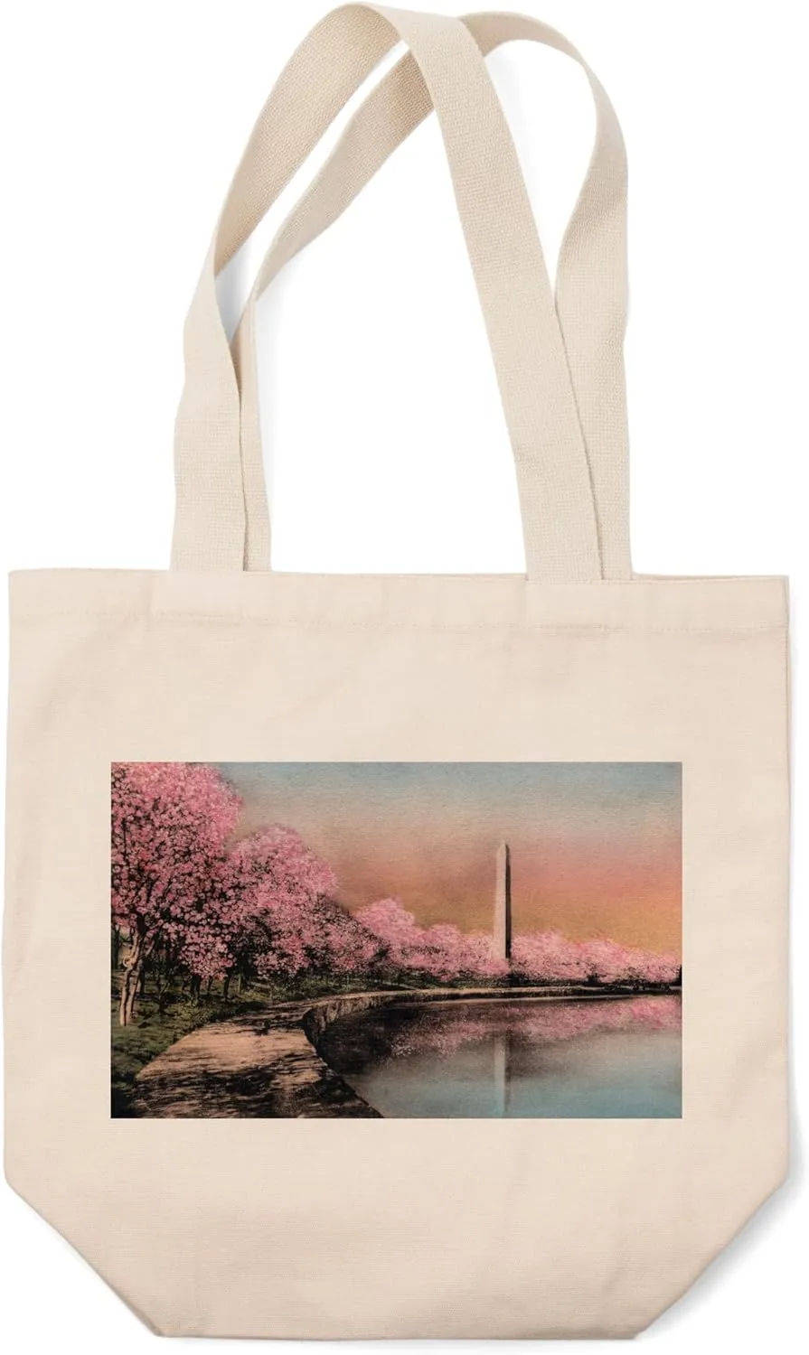 Lantern Press Washington DC, Cherry Blossom View of Washington Monument, Vintage Halftone (100% Cotton Canvas Reusable Tote Bag)