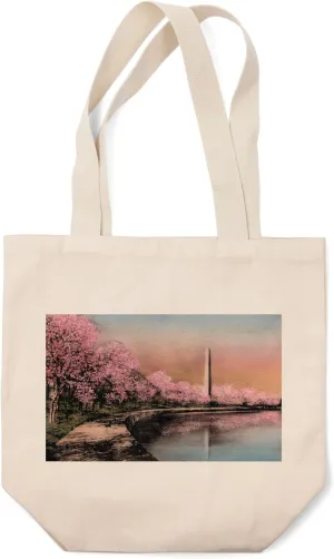 Lantern Press Washington DC, Cherry Blossom View of Washington Monument, Vintage Halftone (100% Cotton Canvas Reusable Tote Bag)
