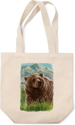 Lantern Press Watercolor Study, Grizzly Bear with Mountain (100% Cotton Canvas Reusable Tote Bag)