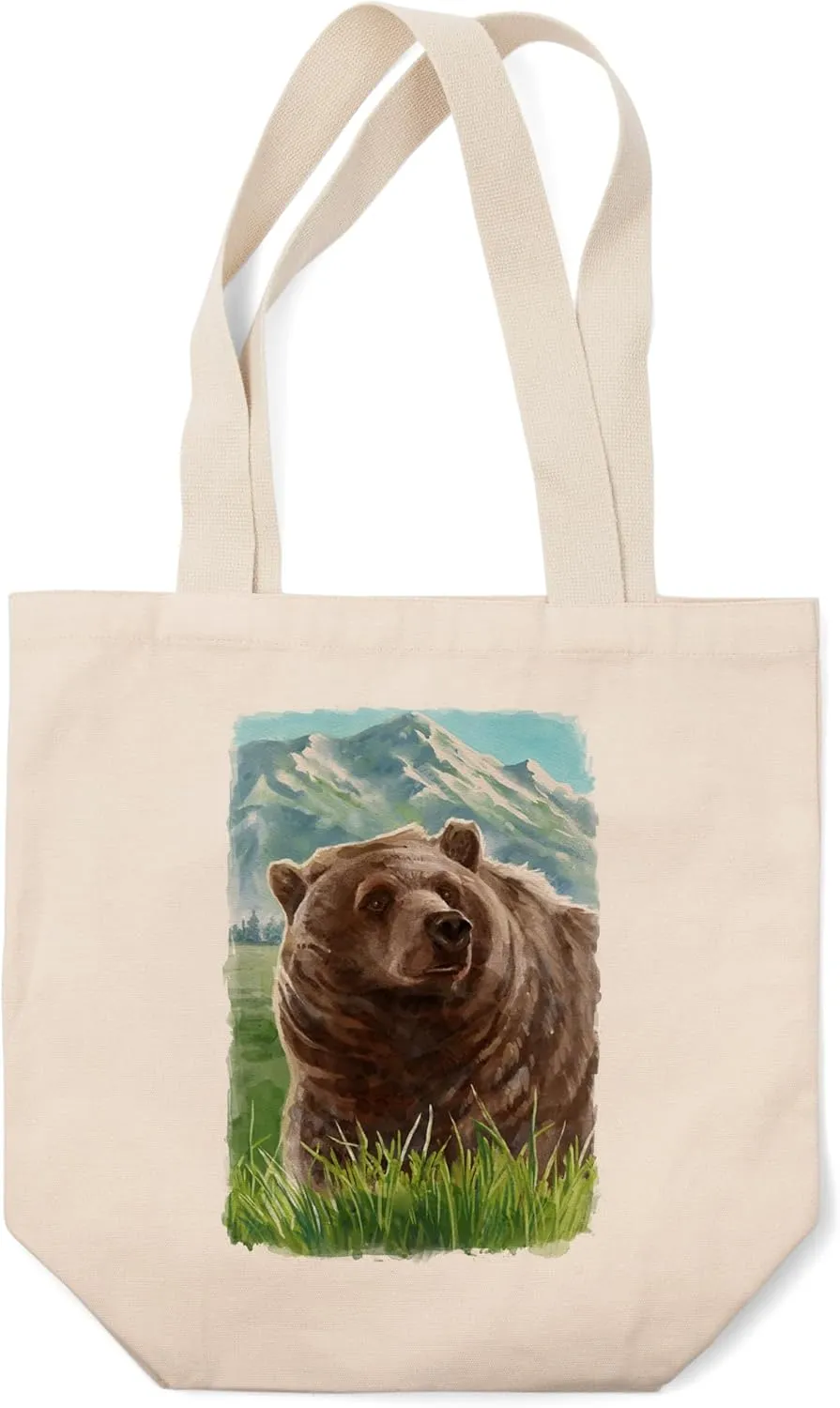 Lantern Press Watercolor Study, Grizzly Bear with Mountain (100% Cotton Canvas Reusable Tote Bag)