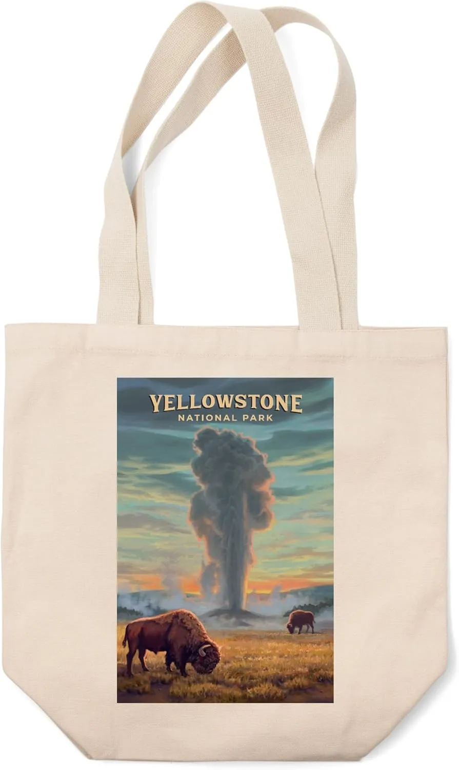 Lantern Press Yellowstone National Park, Wyoming, Oil Painting, Old Faithful Eruption (100% Cotton Canvas Reusable Tote Bag)