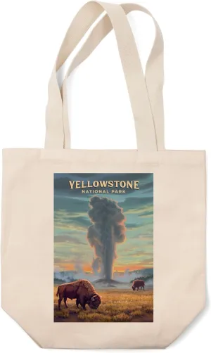 Lantern Press Yellowstone National Park, Wyoming, Oil Painting, Old Faithful Eruption (100% Cotton Canvas Reusable Tote Bag)