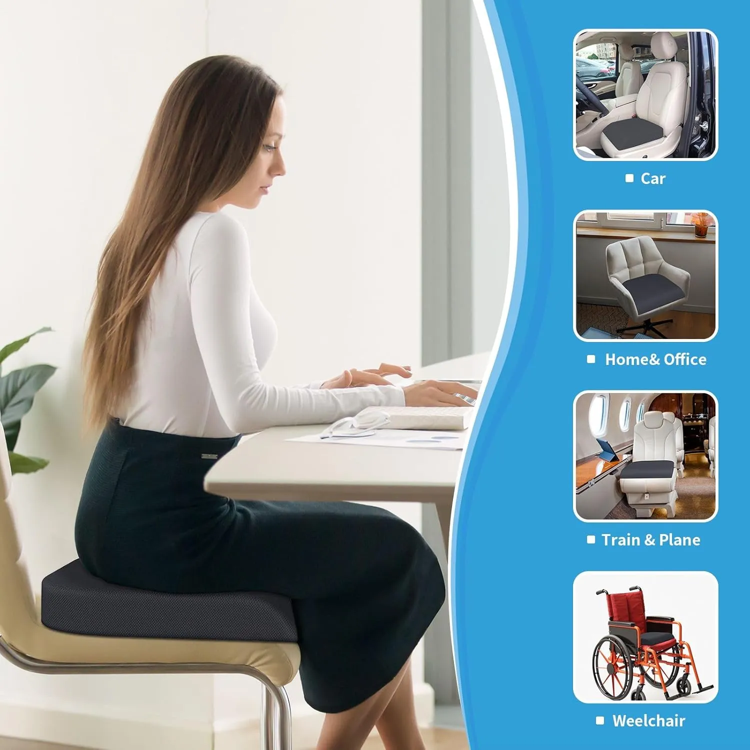 Large Seat Cushion, Soft Foam Cushion for Long Sitting Hours on Office Chair, Home & Car, Non-Slip Chair Pad for Relieving Back & Sciatica & Hip & Coccyx Pain (Grey)
