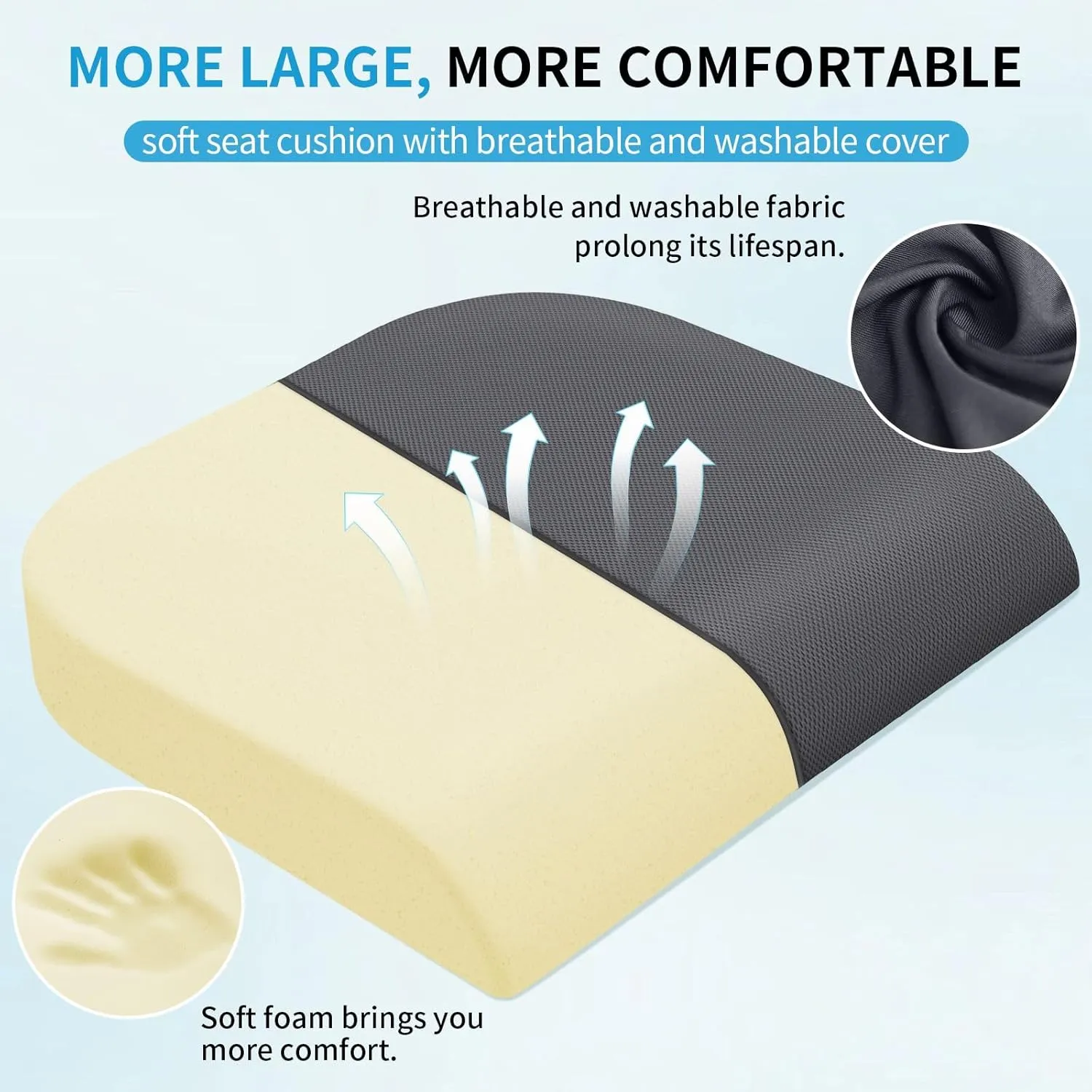 Large Seat Cushion, Soft Foam Cushion for Long Sitting Hours on Office Chair, Home & Car, Non-Slip Chair Pad for Relieving Back & Sciatica & Hip & Coccyx Pain (Grey)