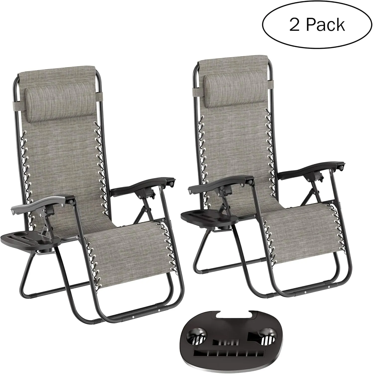 Lavish Home Zero Gravity Chairs - Set of 2 Outdoor Chairs with Side Tables with 2 Cupholders, Phone, and Tablet Holder and Chair Pillow (Gray)