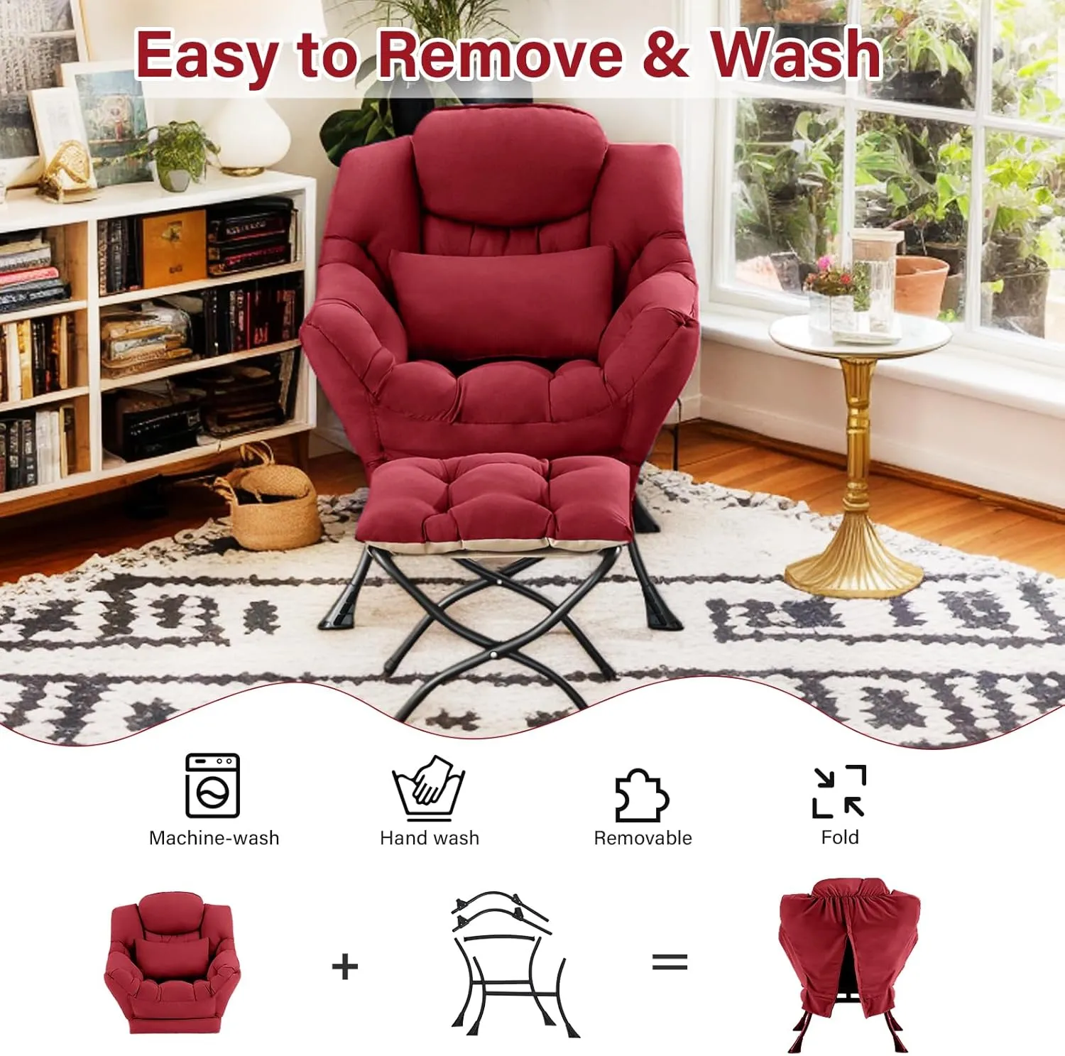 Lazy Chair with Ottoman, Comfy Fabric Accent Lounge Armchair with Lumbar Pillow and Folding Footrest, Reading Leisure Sofa Chair for Bedroom, Living Room, Dorm,Burgundy