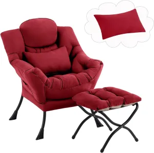Lazy Chair with Ottoman, Comfy Fabric Accent Lounge Armchair with Lumbar Pillow and Folding Footrest, Reading Leisure Sofa Chair for Bedroom, Living Room, Dorm,Burgundy