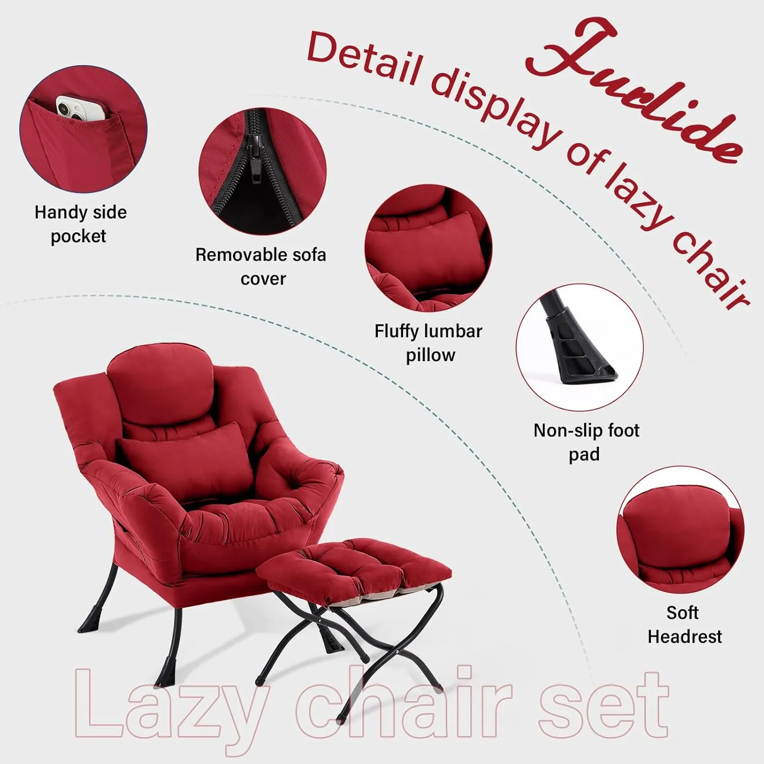 Lazy Chair with Ottoman, Comfy Fabric Accent Lounge Armchair with Lumbar Pillow and Folding Footrest, Reading Leisure Sofa Chair for Bedroom, Living Room, Dorm,Burgundy