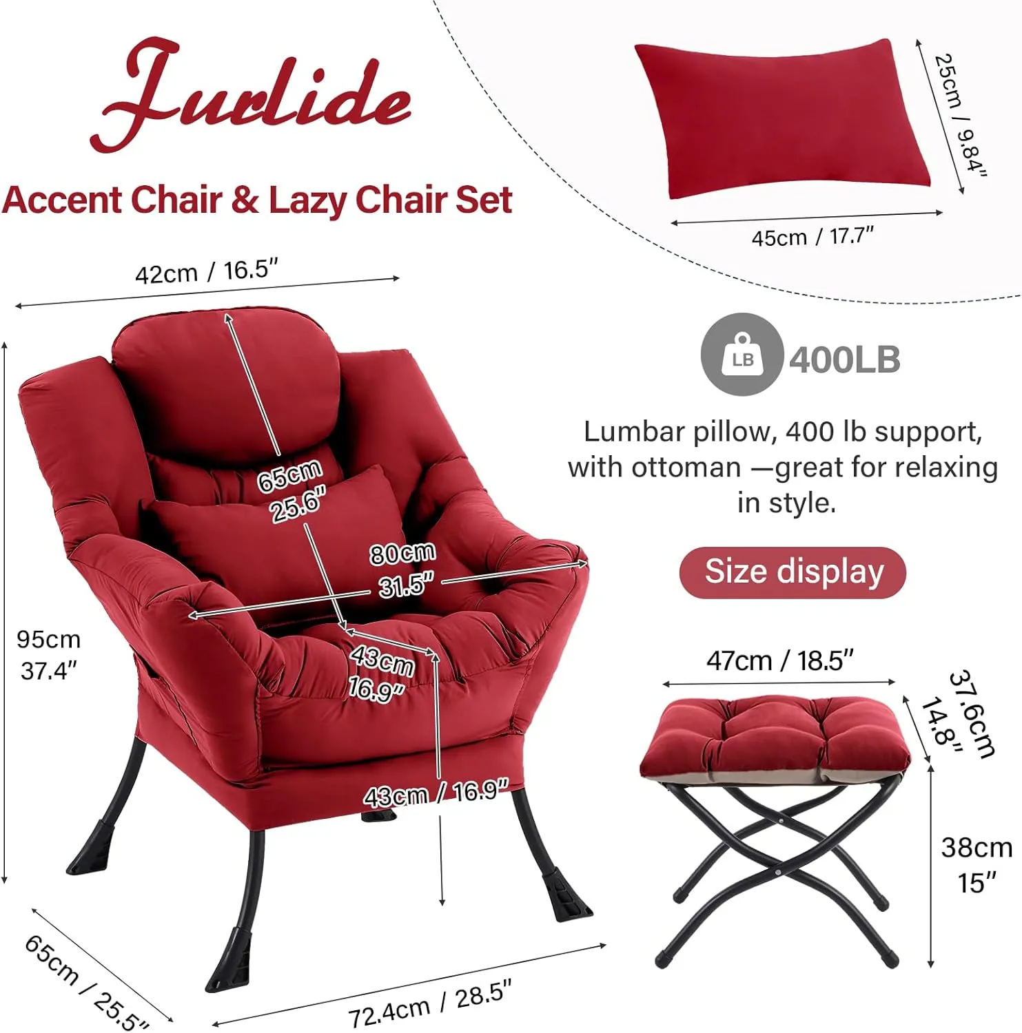 Lazy Chair with Ottoman, Comfy Fabric Accent Lounge Armchair with Lumbar Pillow and Folding Footrest, Reading Leisure Sofa Chair for Bedroom, Living Room, Dorm,Burgundy