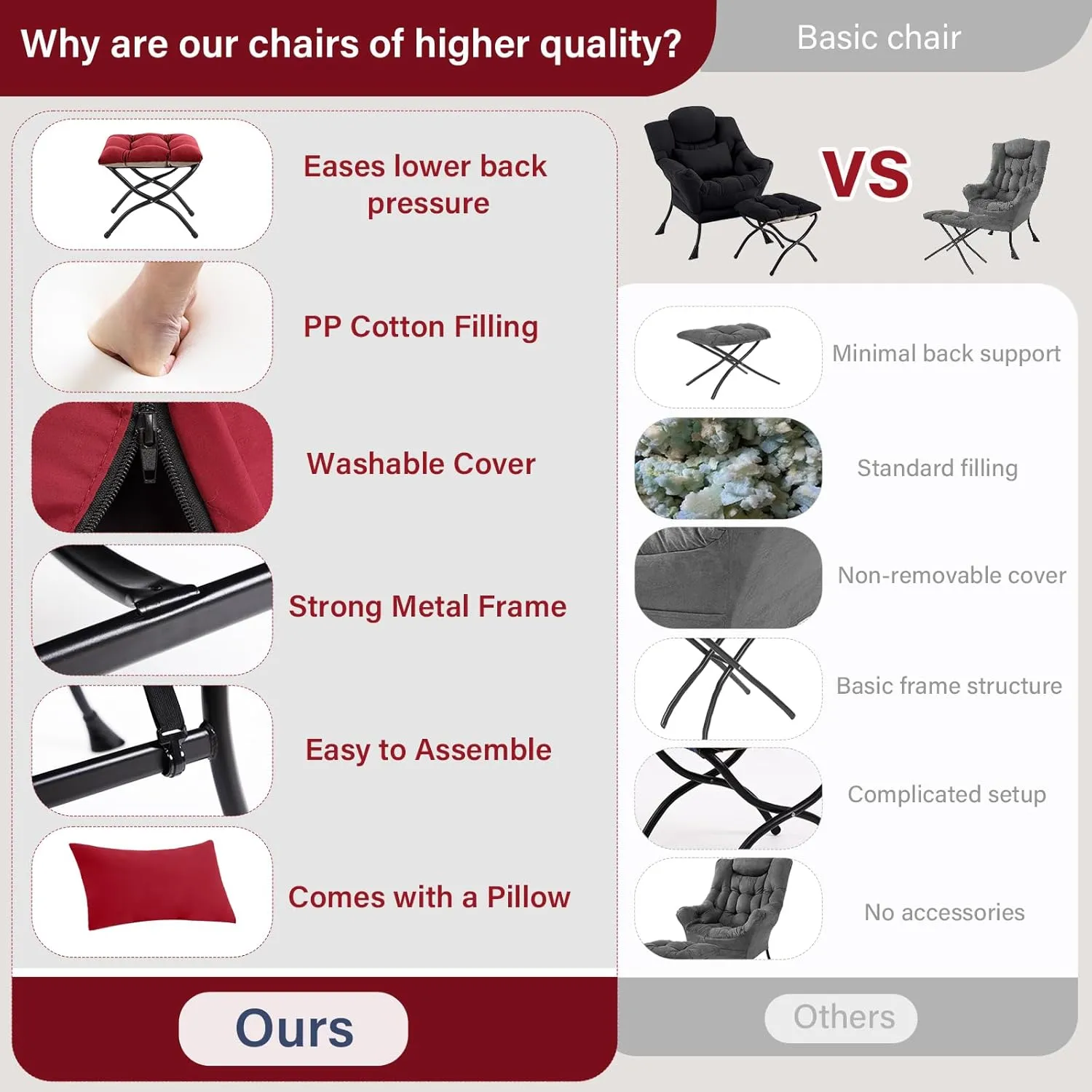 Lazy Chair with Ottoman, Comfy Fabric Accent Lounge Armchair with Lumbar Pillow and Folding Footrest, Reading Leisure Sofa Chair for Bedroom, Living Room, Dorm,Burgundy