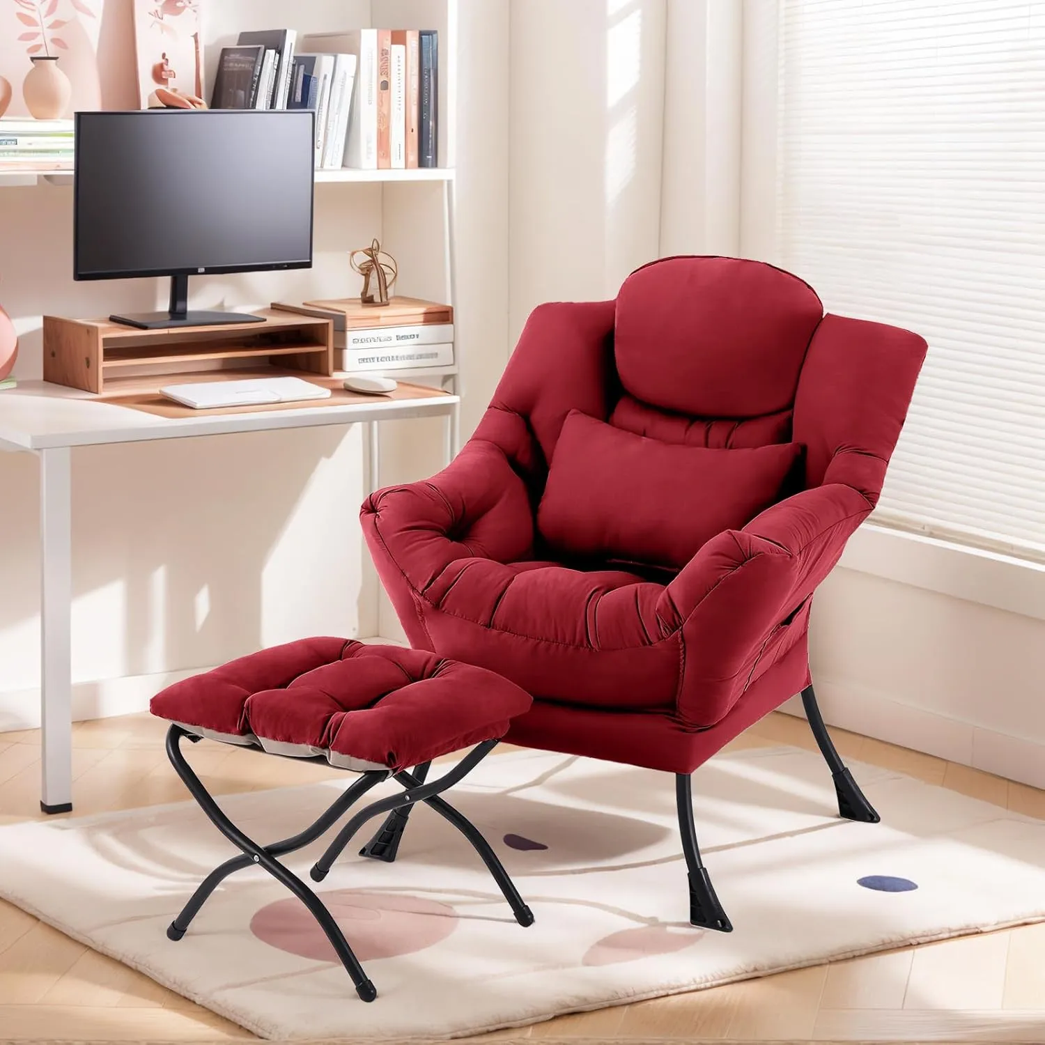 Lazy Chair with Ottoman, Comfy Fabric Accent Lounge Armchair with Lumbar Pillow and Folding Footrest, Reading Leisure Sofa Chair for Bedroom, Living Room, Dorm,Burgundy