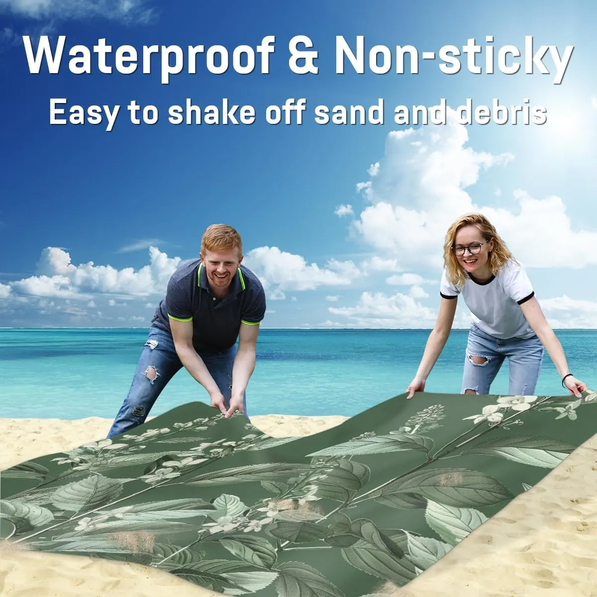 Leaf Spring Beach Blanket, Sandproof Beach Mat, Adults Waterproof Quick Drying Sand Free Mat with 4 x Ground Spikes for Outdoor Travel Camping Hiking, Eucalyptus Leaves