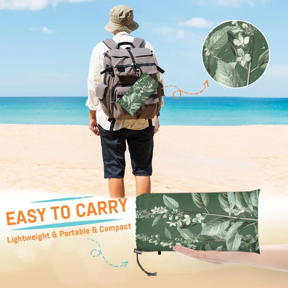 Leaf Spring Beach Blanket, Sandproof Beach Mat, Adults Waterproof Quick Drying Sand Free Mat with 4 x Ground Spikes for Outdoor Travel Camping Hiking, Eucalyptus Leaves