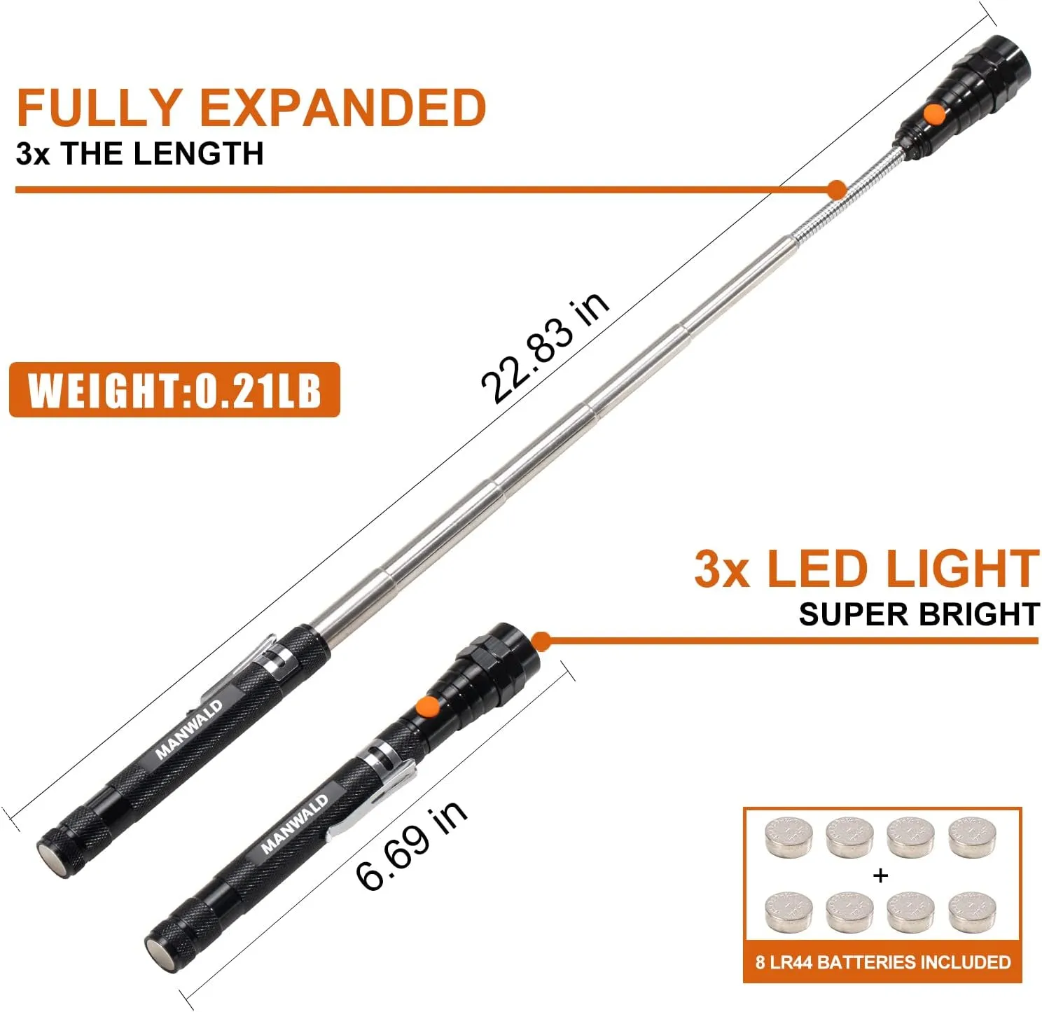 LED Magnetic Pickup Tools, Fathers Day Dad Gifts from Daughter Wife Son, Telescoping Magnetic Flashlights with Extendable Magnet Stick, Birthday Gifts for Men, Him, Dad, Boyfriends, Black