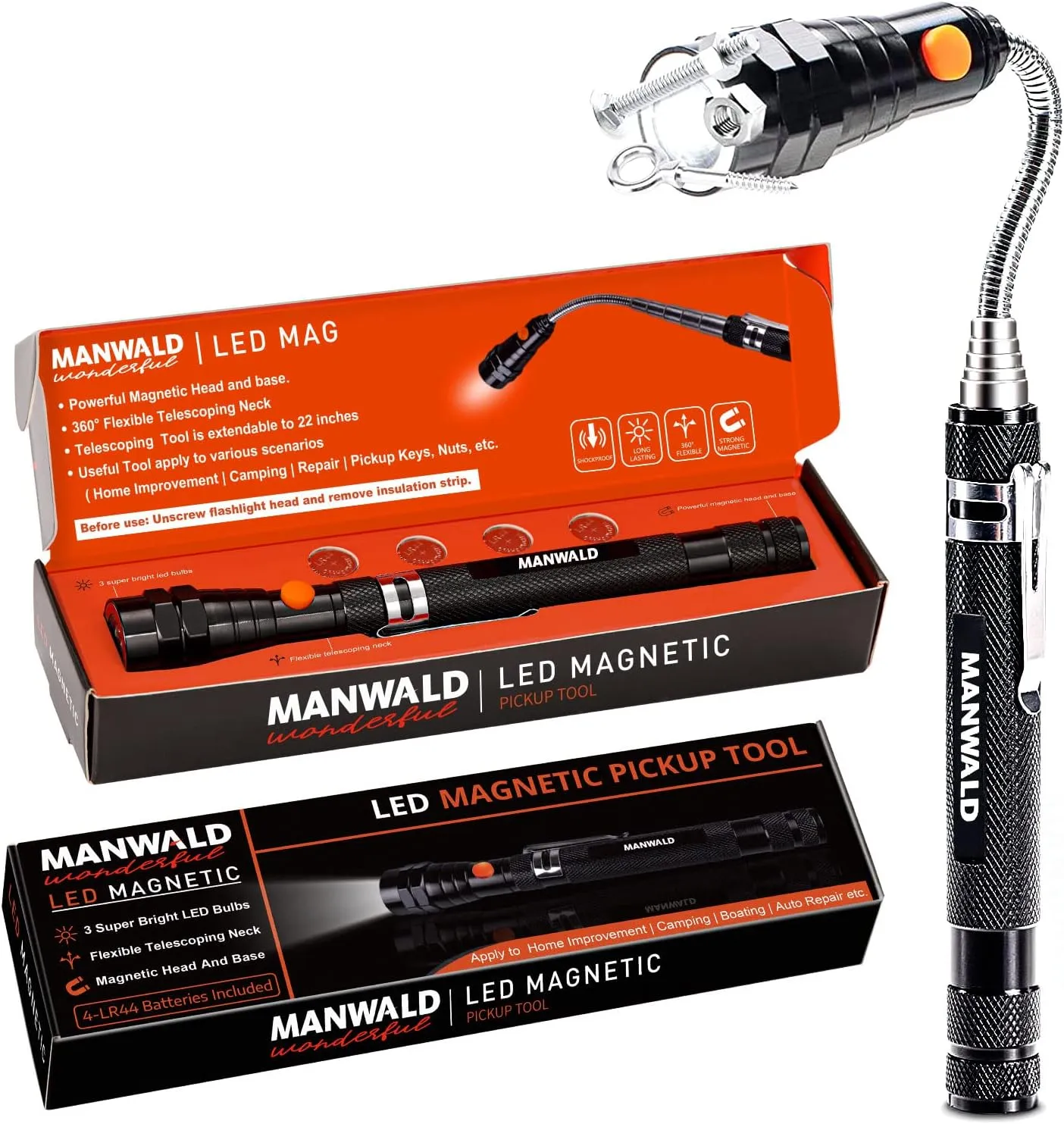 LED Magnetic Pickup Tools, Fathers Day Dad Gifts from Daughter Wife Son, Telescoping Magnetic Flashlights with Extendable Magnet Stick, Birthday Gifts for Men, Him, Dad, Boyfriends, Black