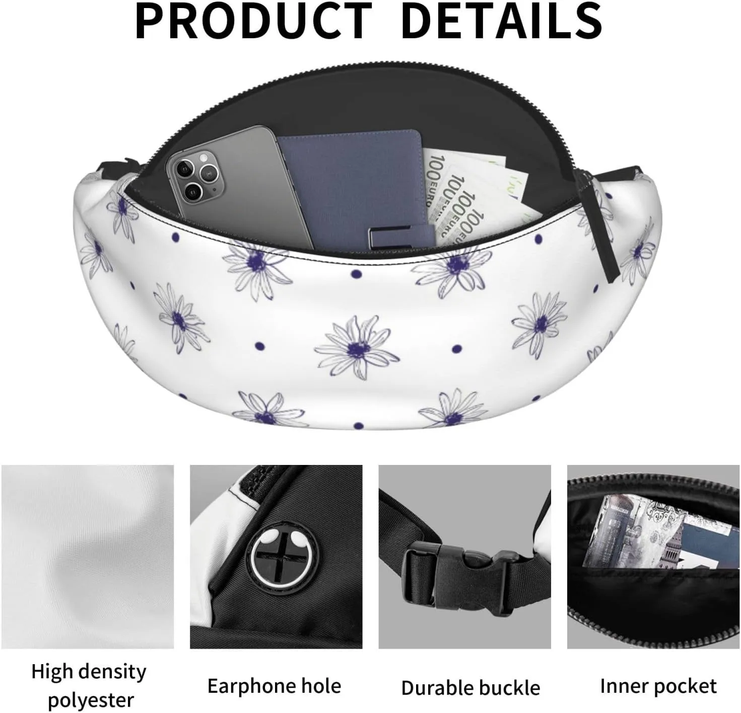 Leisure Sports Crossbody Bag Running Casual Hands-Free Wallets Waist Pack for Man Woman Father's Day for Dad Blue Daisy