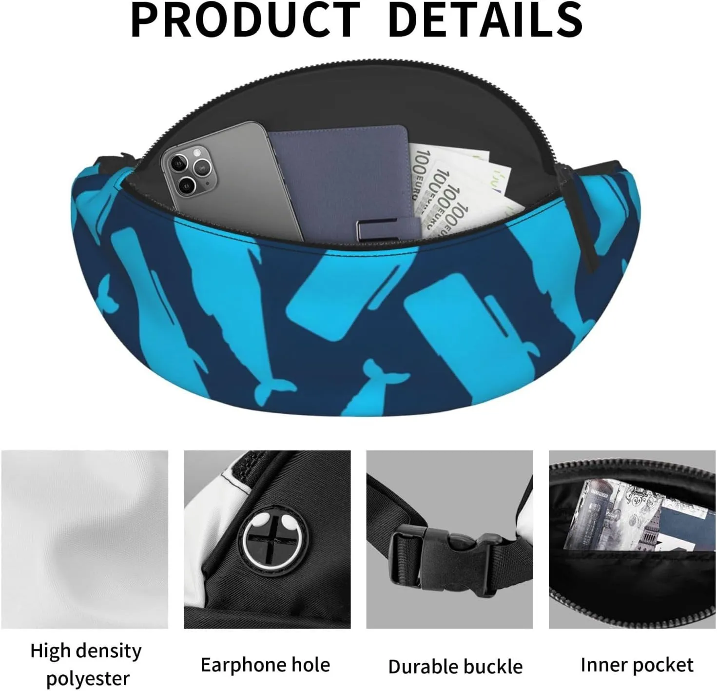 Leisure Sports Crossbody Bag Running Casual Hands-Free Wallets Waist Pack for Man Woman Father's Day for Dad Blue Fish