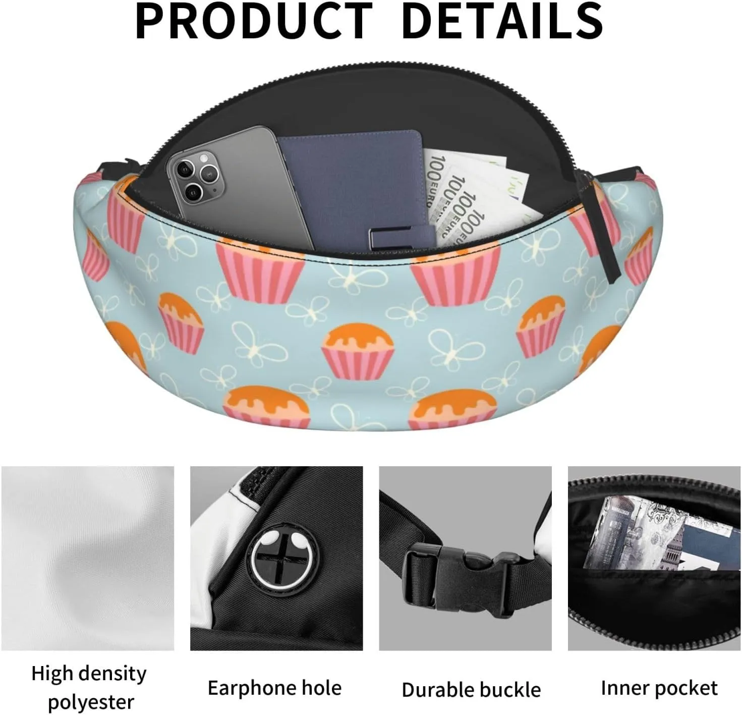 Leisure Sports Crossbody Bag Running Casual Hands-Free Wallets Waist Pack for Man Woman Father's Day for Dad Butterfly Cupcakes
