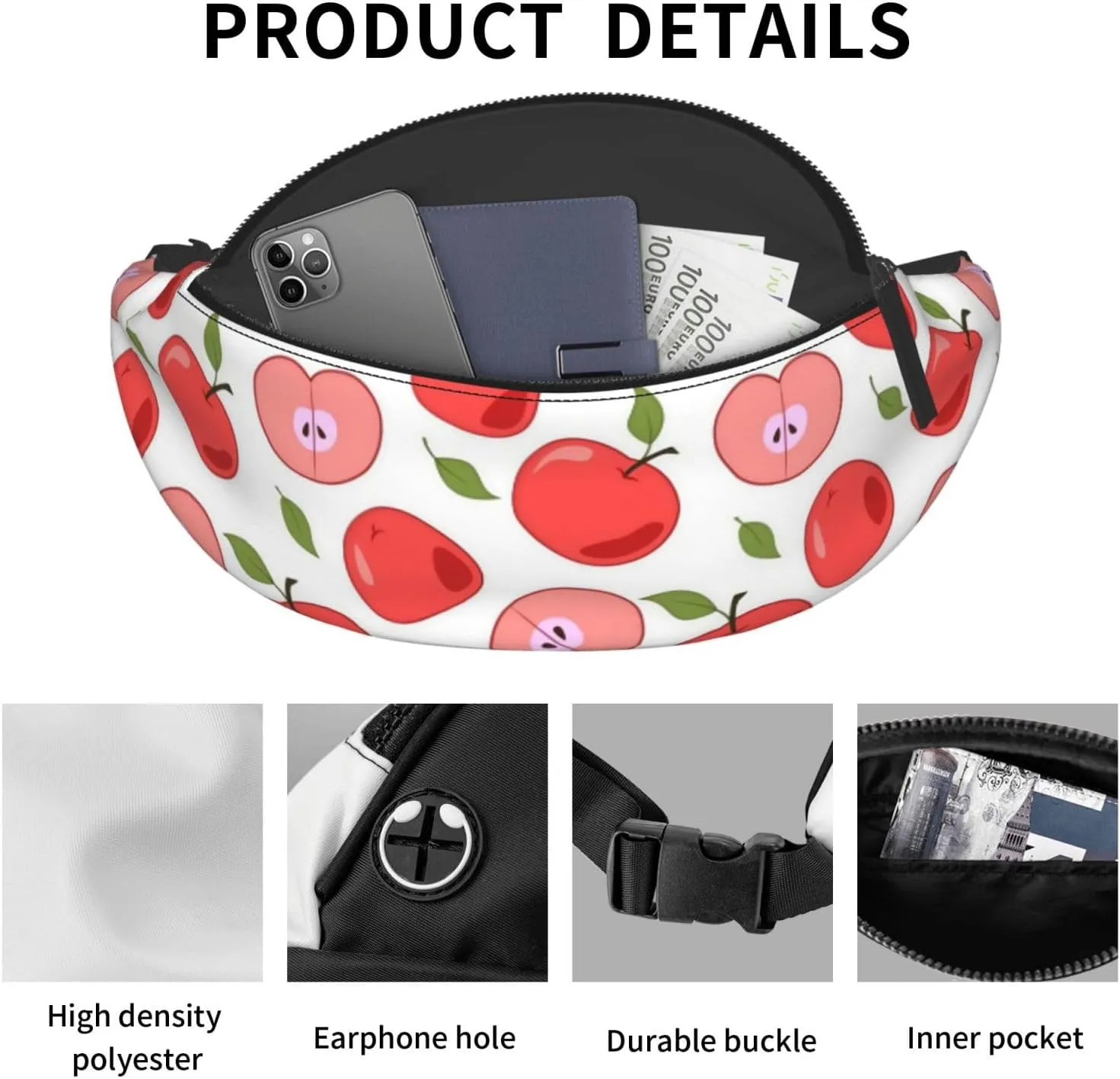 Leisure Sports Crossbody Bag Running Casual Hands-Free Wallets Waist Pack for Man Woman Father's Day for Dad Cartoon Apple