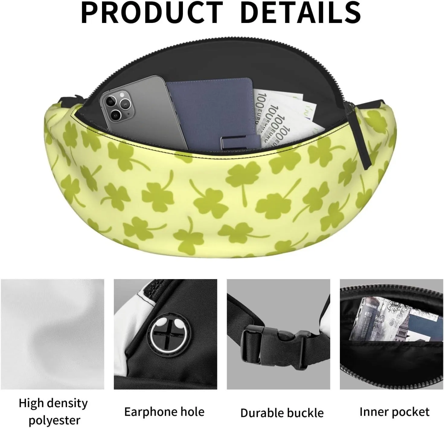 Leisure Sports Crossbody Bag Running Casual Hands-Free Wallets Waist Pack for Man Woman Father's Day for Dad Cartoon Clover