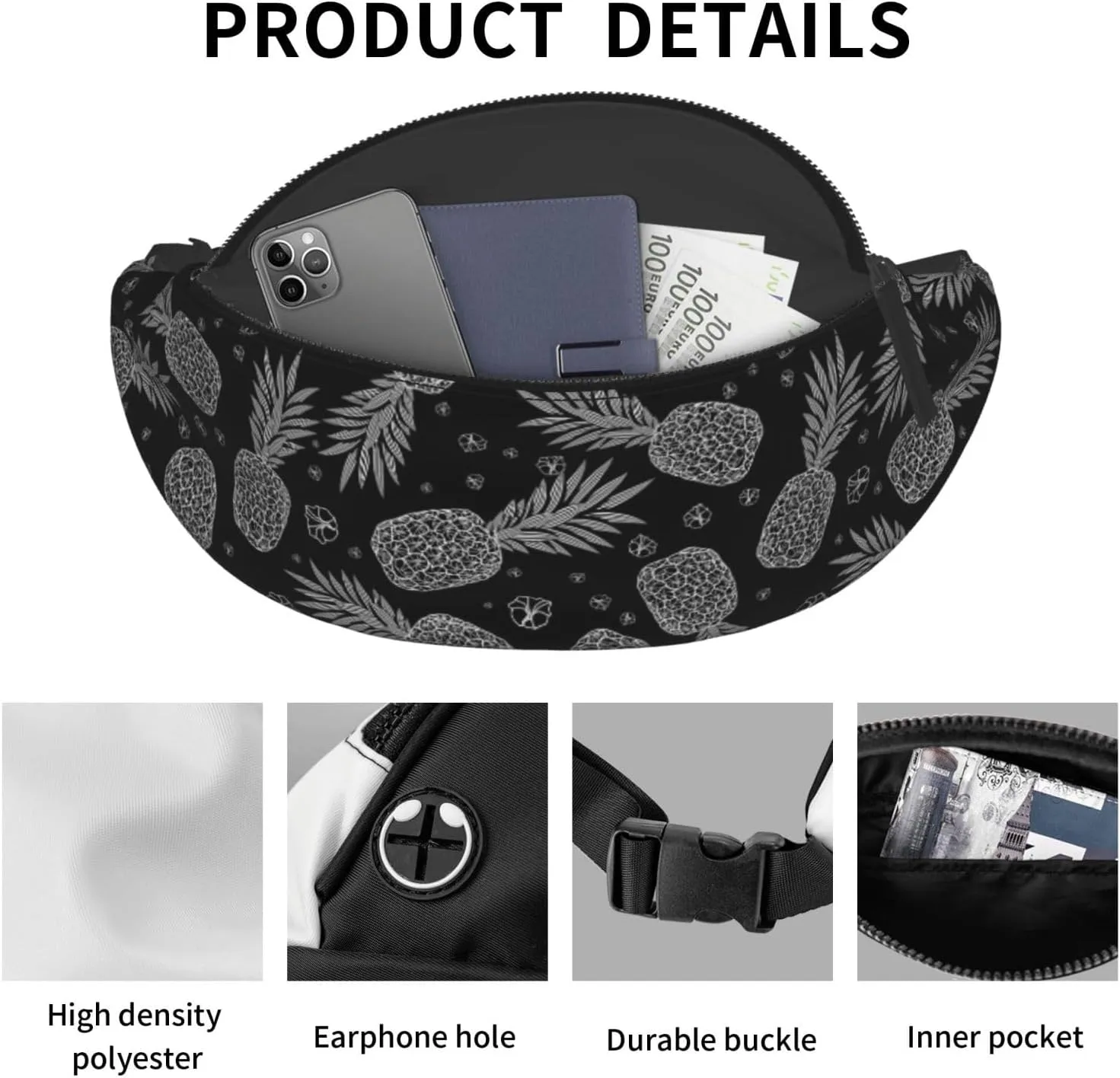 Leisure Sports Crossbody Bag Running Casual Hands-Free Wallets Waist Pack for Man Woman Father's Day for Dad Pineapple
