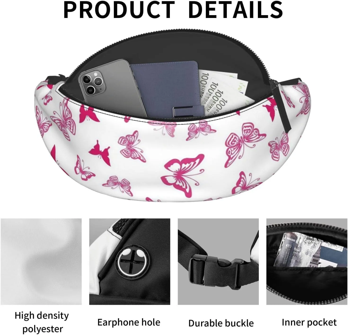 Leisure Sports Crossbody Bag Running Casual Hands-Free Wallets Waist Pack for Man Woman Father's Day for Dad Pink Butterfly