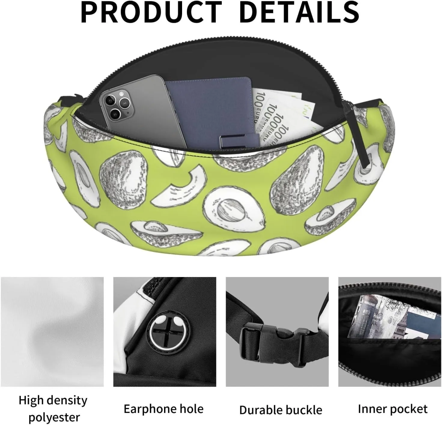 Leisure Sports Crossbody Bag Running Casual Hands-Free Wallets Waist Pack for Man Woman Father's Day for Dad White Art Avocado