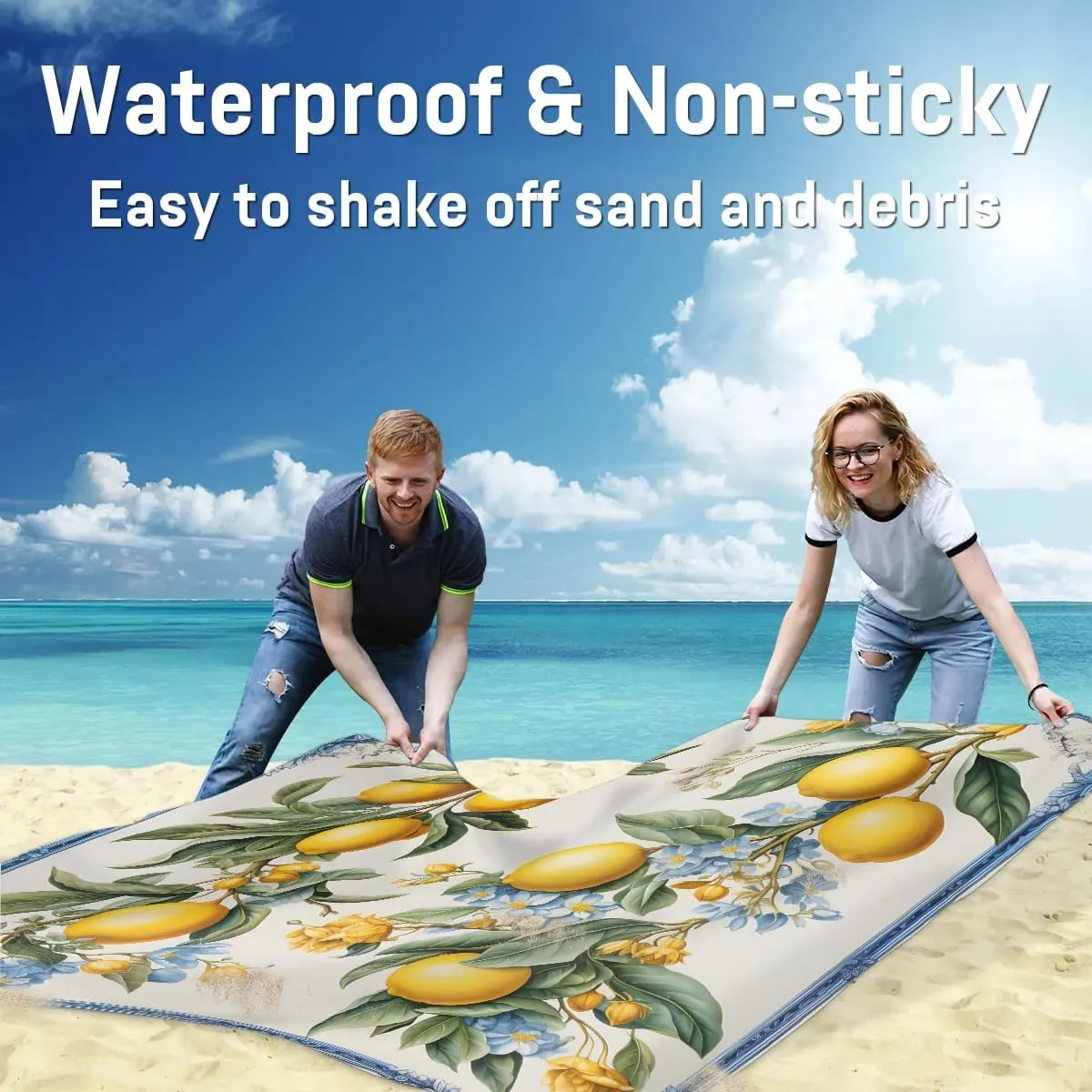 Lemon Beach Blanket, Sandproof Beach Mat, 68 x 59 Waterproof Quick Drying Sand Free Mat with 4 x Ground Spikes for Outdoor Travel Camping Hiking, Watercolor Lemon Printed