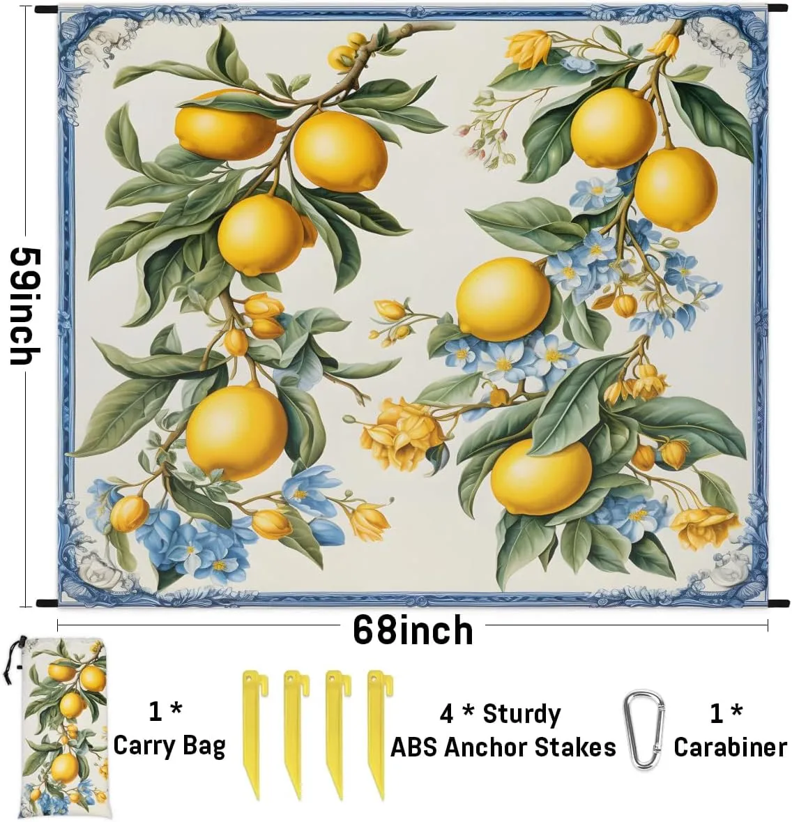 Lemon Beach Blanket, Sandproof Beach Mat, 68 x 59 Waterproof Quick Drying Sand Free Mat with 4 x Ground Spikes for Outdoor Travel Camping Hiking, Watercolor Lemon Printed