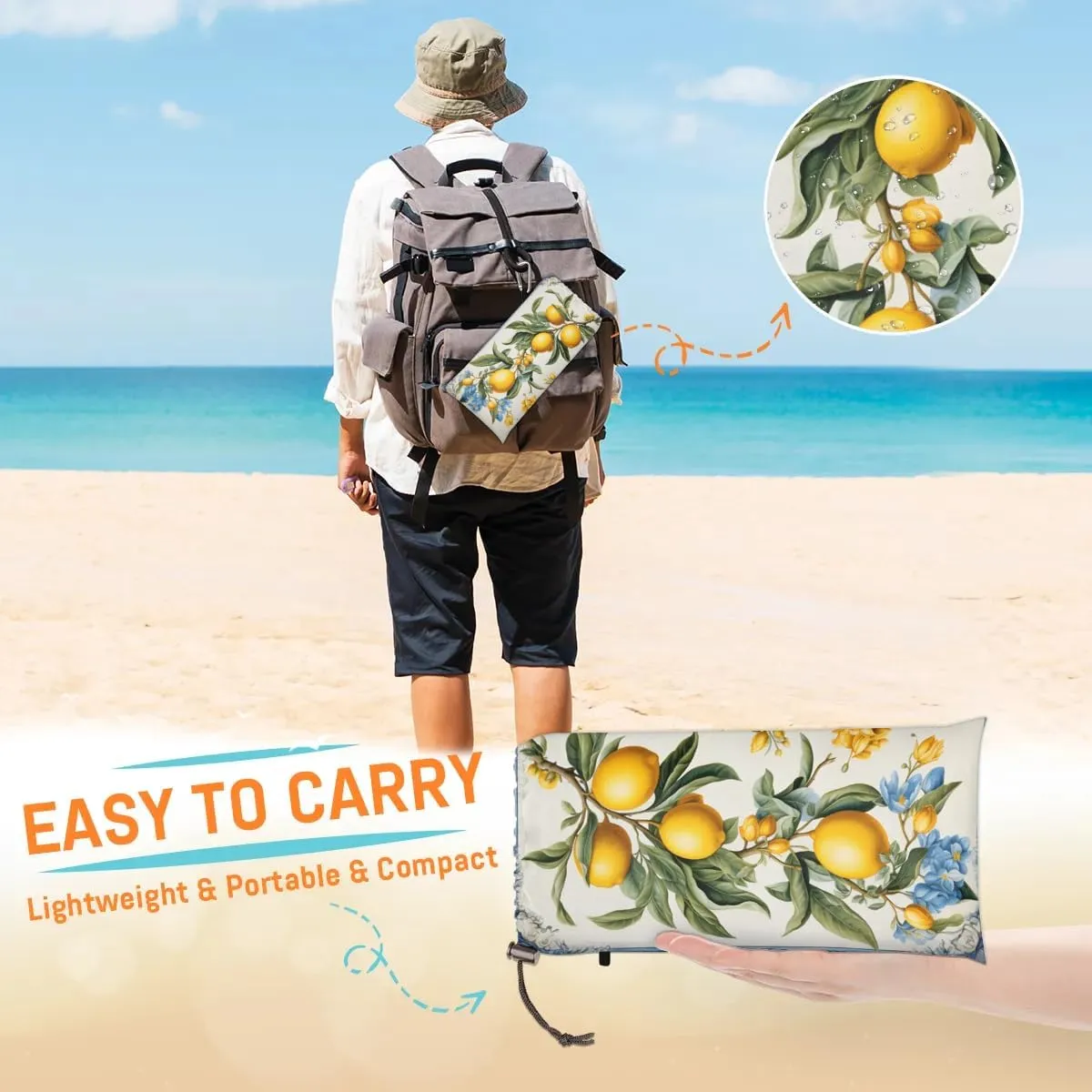 Lemon Beach Blanket, Sandproof Beach Mat, 68 x 59 Waterproof Quick Drying Sand Free Mat with 4 x Ground Spikes for Outdoor Travel Camping Hiking, Watercolor Lemon Printed