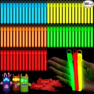 Lewtemi 100 Pack 4'' Halloween Glow Sticks Bulk Light Sticks with Lanyard Individually Wrapped Tactical Military Emergency Glow Stick Party Favors for Halloween, Camping, Hiking, Party