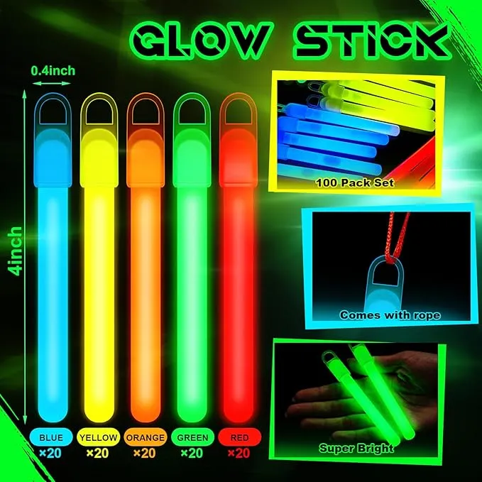 Lewtemi 100 Pack 4'' Halloween Glow Sticks Bulk Light Sticks with Lanyard Individually Wrapped Tactical Military Emergency Glow Stick Party Favors for Halloween, Camping, Hiking, Party