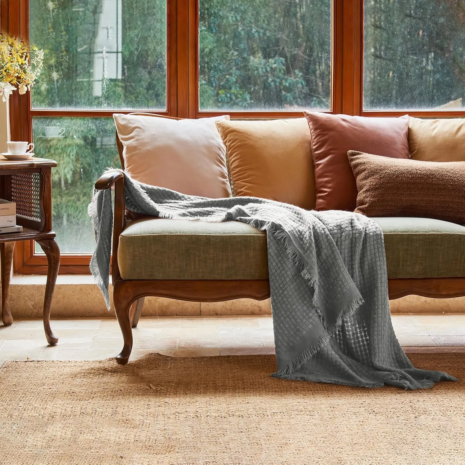 lifein Fall Throw Blanket for Couch-Soft Boho Bed Throw Blankets,Cozy Grey Waffle Knitted Throw,Small Farmhouse Lightweight Blanket&Throw for Autumn,Woman,Man,Chair,Sofa,Home Decor(Light Grey,50*60")