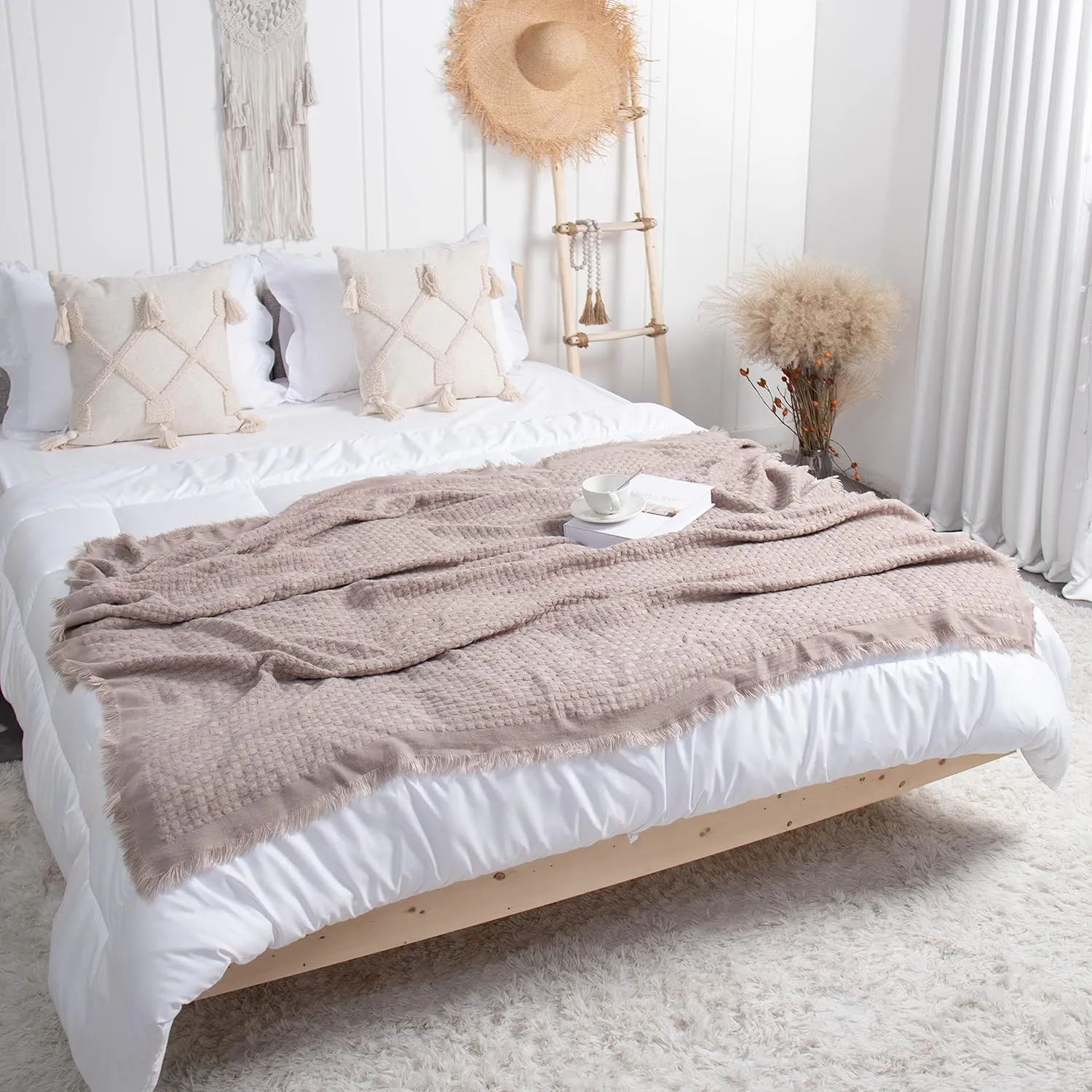 lifein Fall Throw Blanket for Couch-Soft Boho Bed Throw Blankets,Cozy Tan Waffle Knitted Throw,Small Farmhouse Lightweight Blanket&Throw for Autumn,Woman,Chair,Sofa,Home Decor(Tan/Light Brown,50*60")