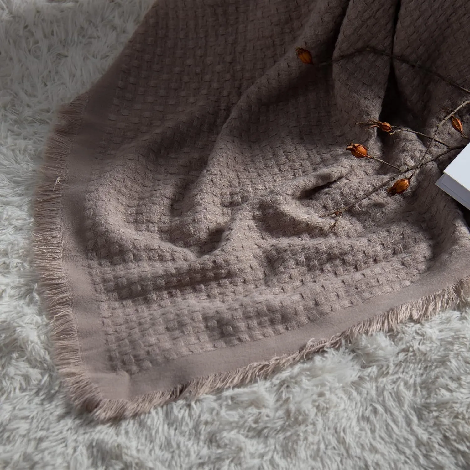 lifein Fall Throw Blanket for Couch-Soft Boho Bed Throw Blankets,Cozy Tan Waffle Knitted Throw,Small Farmhouse Lightweight Blanket&Throw for Autumn,Woman,Chair,Sofa,Home Decor(Tan/Light Brown,50*60")
