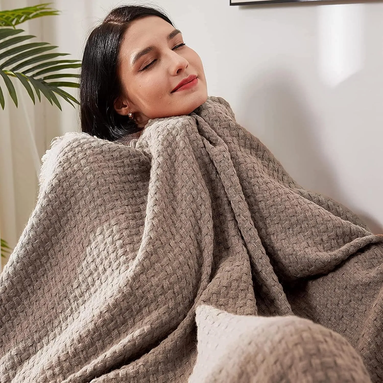 lifein Fall Throw Blanket for Couch-Soft Boho Bed Throw Blankets,Cozy Tan Waffle Knitted Throw,Small Farmhouse Lightweight Blanket&Throw for Autumn,Woman,Chair,Sofa,Home Decor(Tan/Light Brown,50*60")