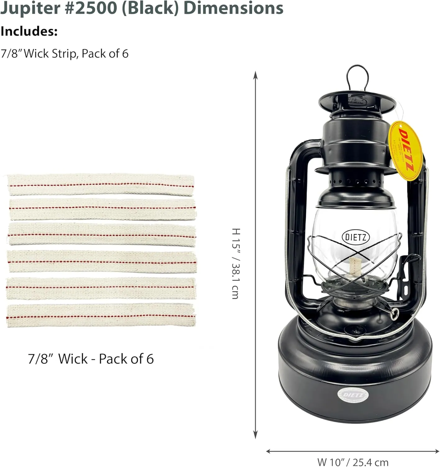 Light of Mine - Dietz #2500 Jupiter Plain Black Oil Lantern with 7/8" Replacement Wick Strips (#2500, Black)